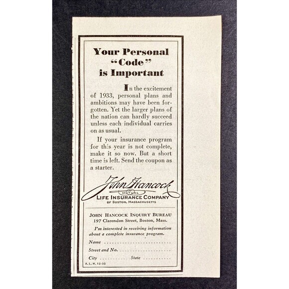 John Hancock Life Insurance *Your Personal "Code" is Important Vtg Print Ad 1933 - Picture 3 of 3
